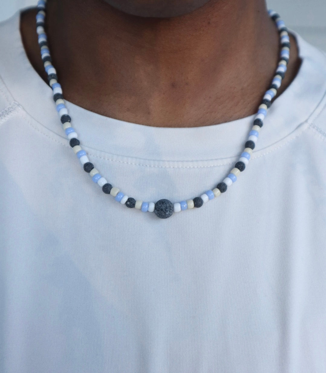 “Soft Tide” Multicolored Blue, Cream, and White 20 inch Aromatherapy Necklace