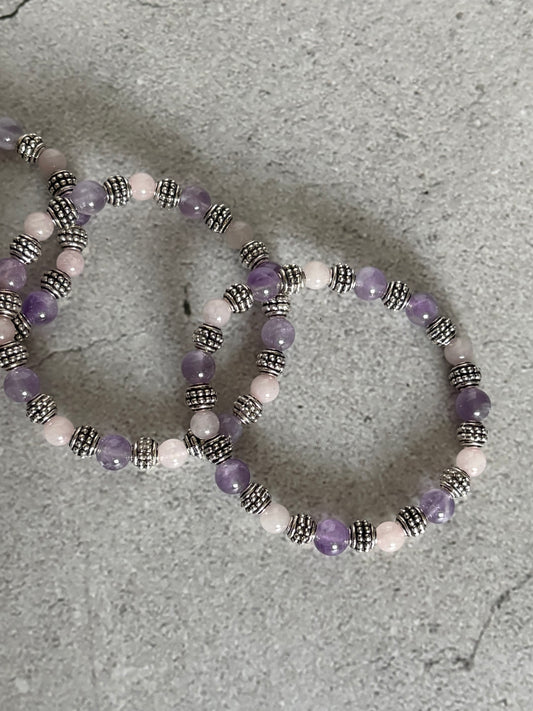 Amethyst & Rose Quartz Silver Beaded Bracelet 7 inches