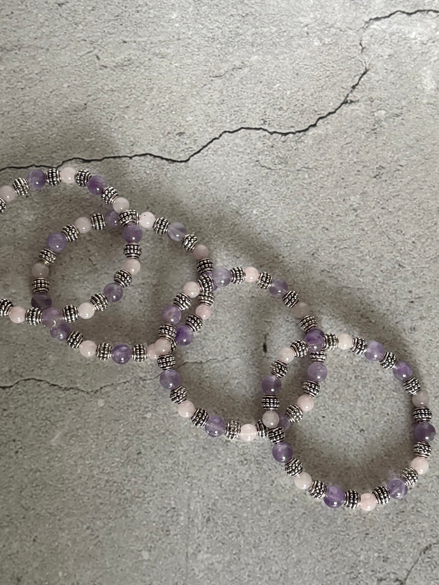 Amethyst & Rose Quartz Silver Beaded Bracelet 7 inches