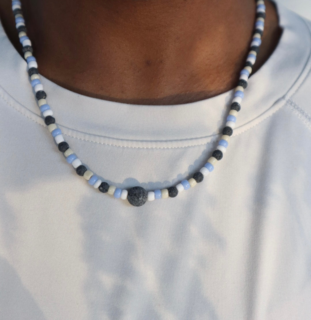 “Soft Tide” Multicolored Blue, Cream, and White 20 inch Aromatherapy Necklace