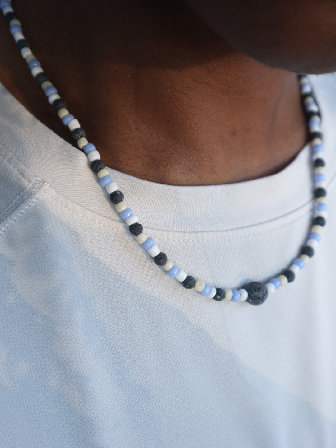 “Soft Tide” Multicolored Blue, Cream, and White 20 inch Aromatherapy Necklace