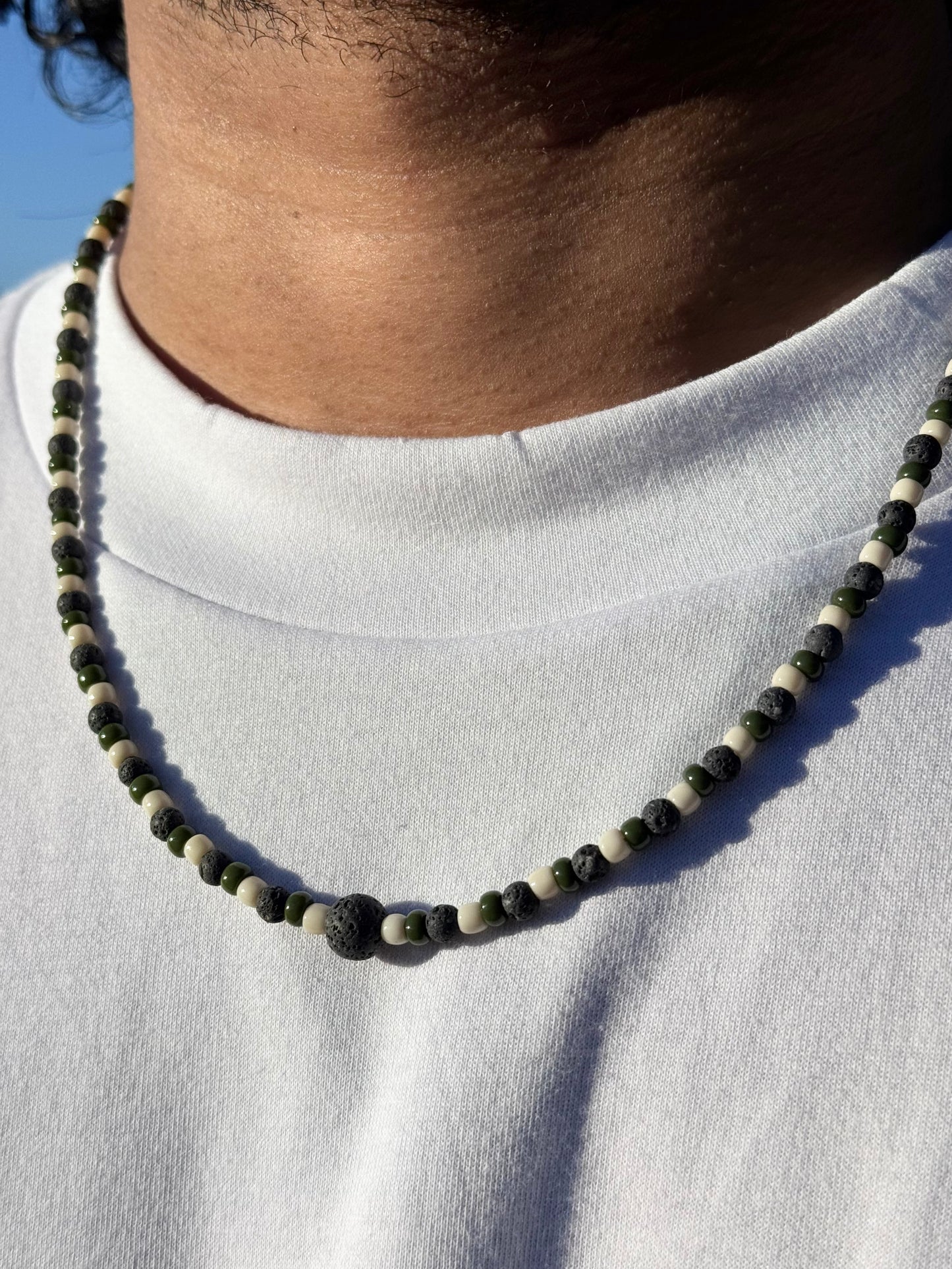 “Garden Stone” Green Beaded Lava Rock Necklace 19 inches
