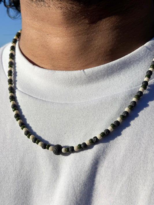 “Garden Stone” Green Beaded Lava Rock Necklace 19 inches