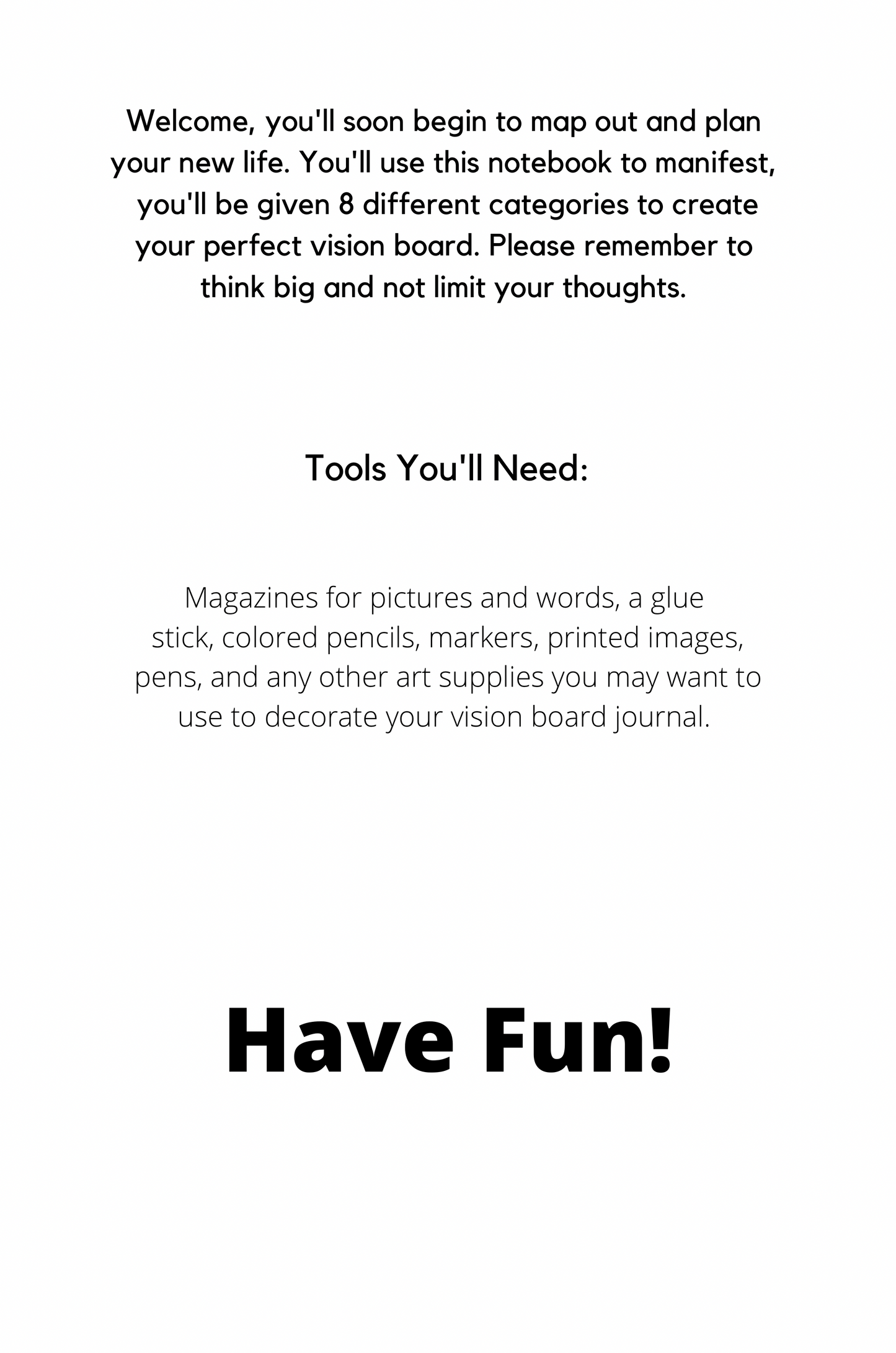 Instructions for creating a vision board with tools needed on a white background