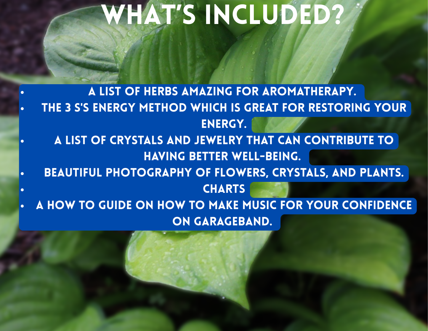 Text overlay on a green leafy background with a list of included items.