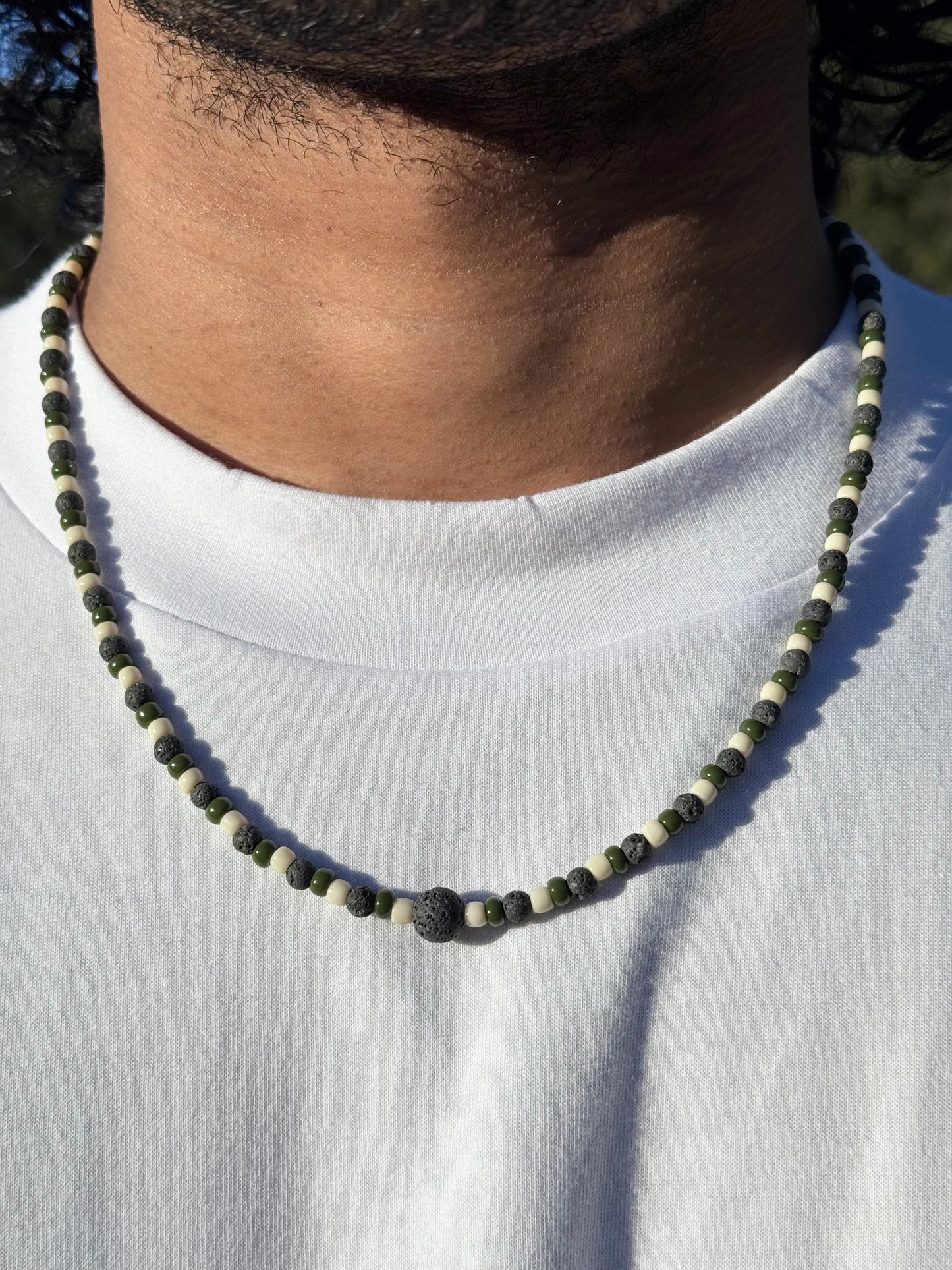 “Garden Stone” Green Beaded Lava Rock Necklace 19 inches