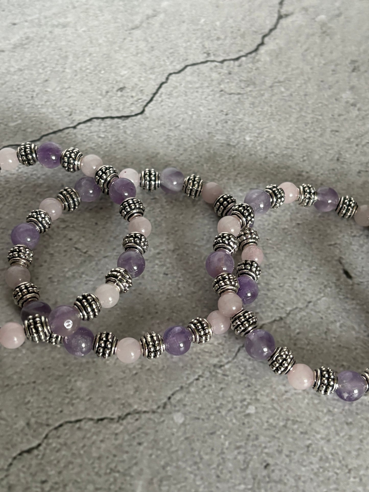 Amethyst & Rose Quartz Silver Beaded Bracelet 7 inches