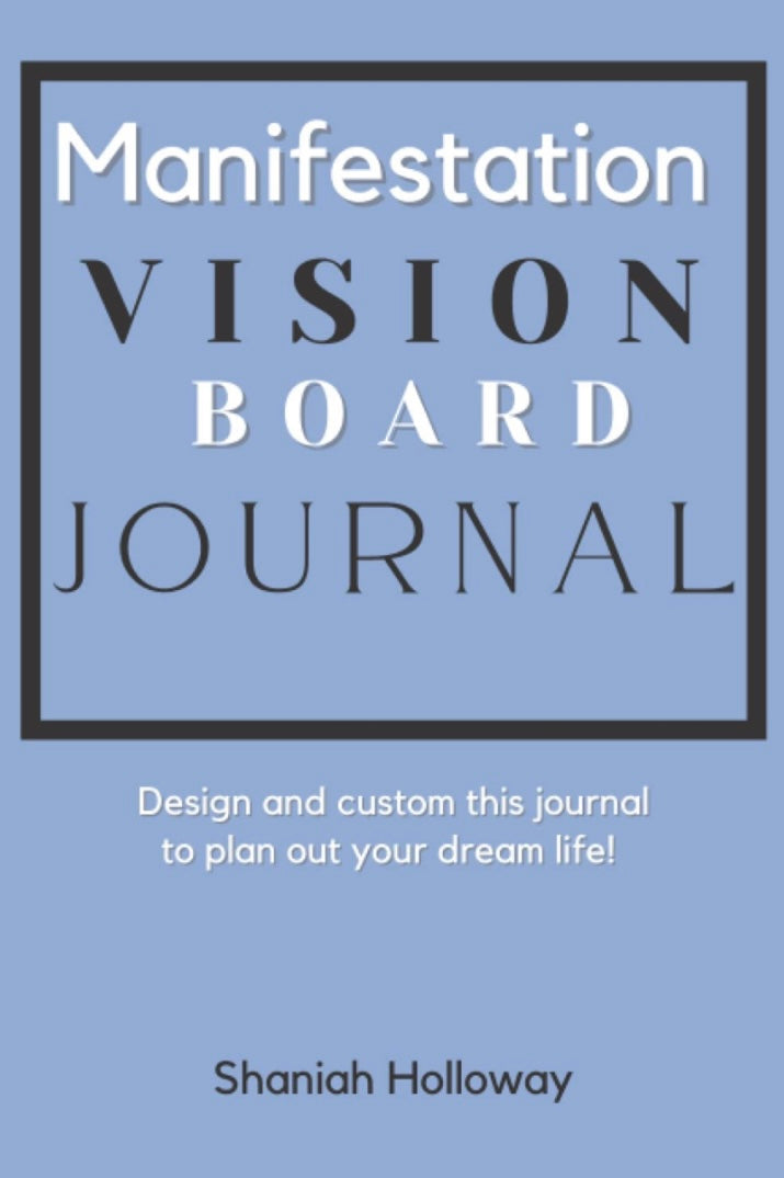 Manifestation Vision Board Journal cover with text on a blue background