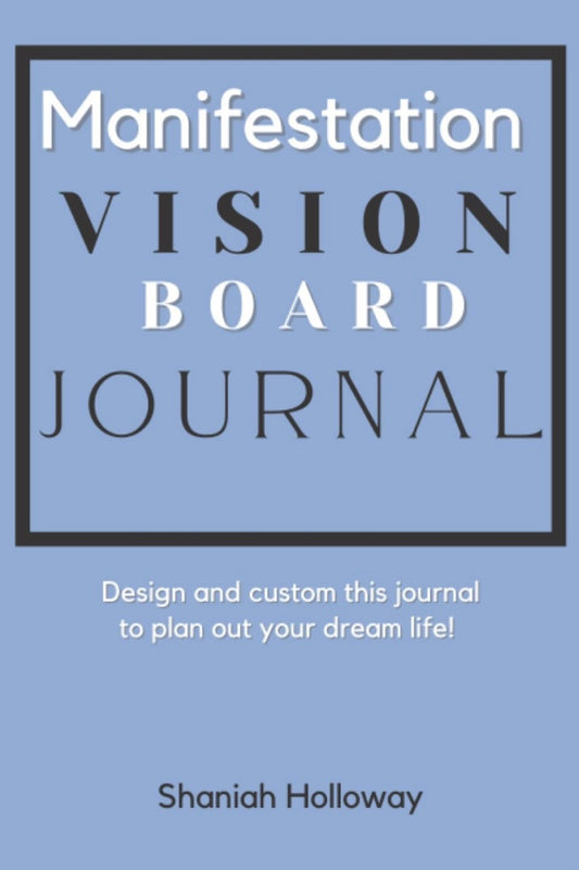 Manifestation Vision Board Journal cover with text on a blue background