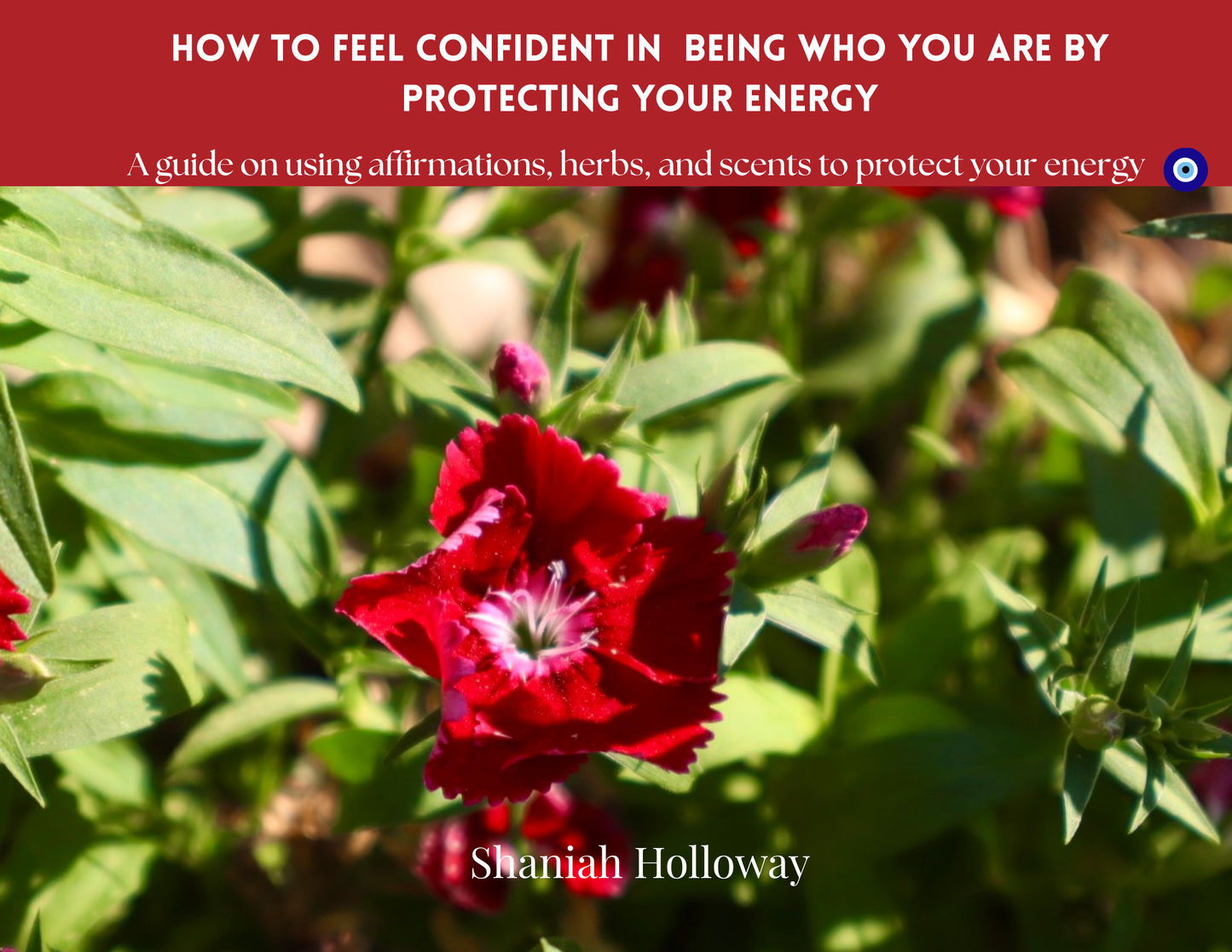 Red flower with green leaves and text overlay about protecting energy. A eBook guide on using affirmations herbs, and scents to protect your energy.
